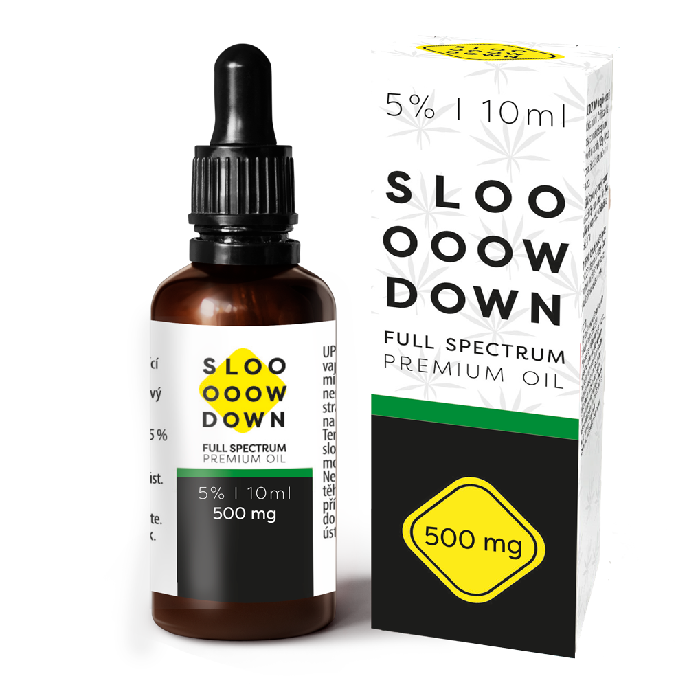 Slowdown Premium Oil 5% 10ml bottle labeled full-spectrum plant extract EU organic pesticide-free GMO-free